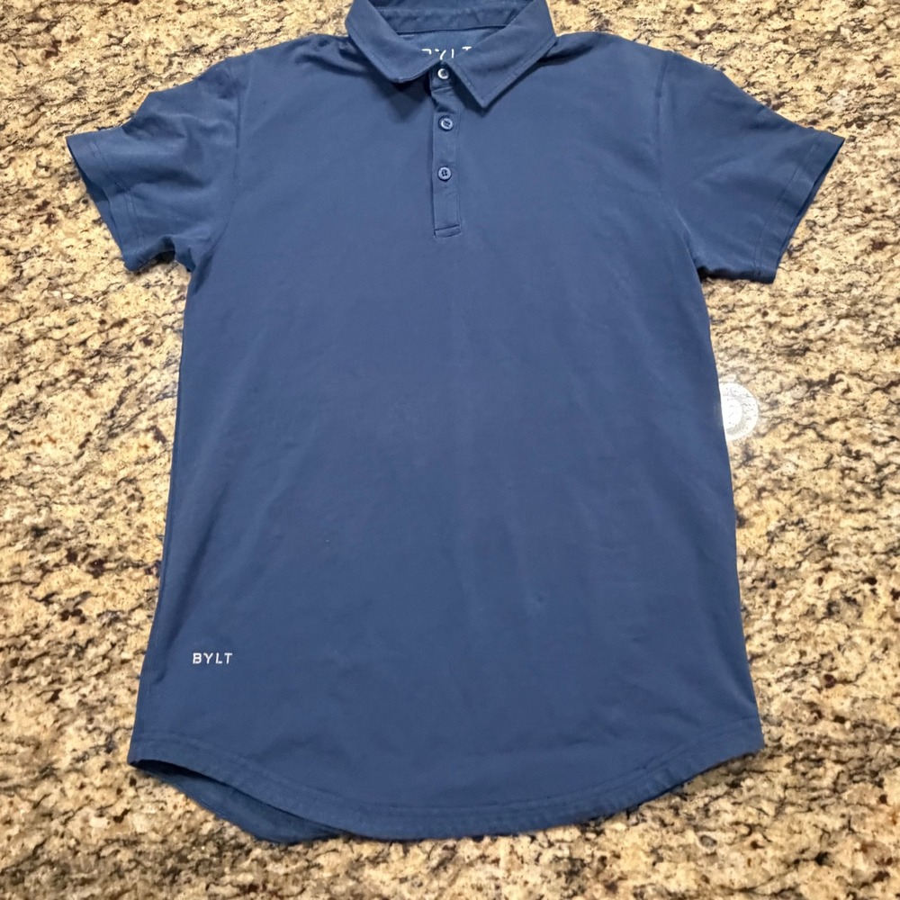 BYLT Premium Basics Lux Polo Shirt Mens Small Blue Short Sleeve Curved Hem S